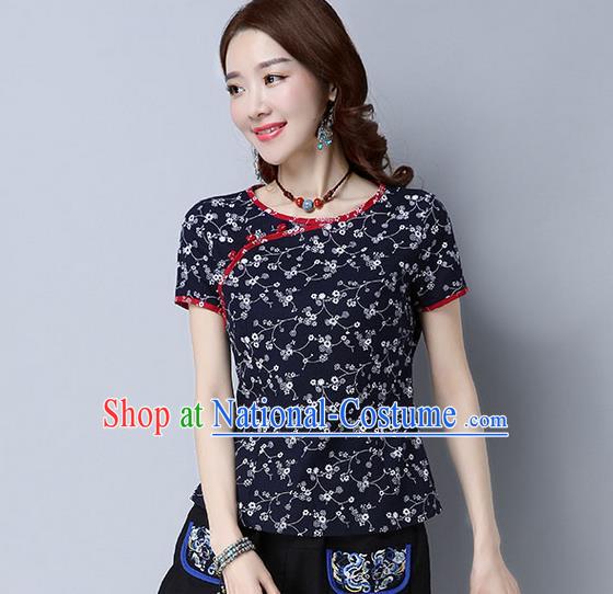 Traditional Chinese National Costume, Elegant Hanfu Flower Color Navy T-Shirt, China Tang Suit Republic of China Plated Buttons Blouse Cheongsam Upper Outer Garment Qipao Shirts Clothing for Women