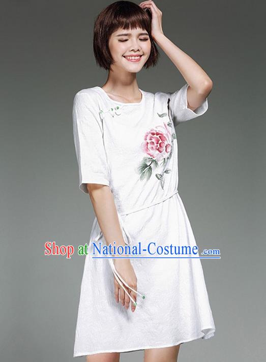 Traditional Ancient Chinese National Costume, Elegant Hanfu Printing White Dress, China Tang Suit Chirpaur Republic of China Plated Buttons Cheongsam Elegant Dress Clothing for Women