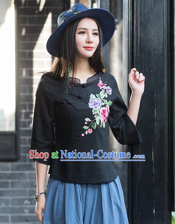 Traditional Chinese National Costume, Elegant Hanfu Embroidery Flowers Slant Opening Black Blouses, China Tang Suit Republic of China Plated Buttons Linen Blouse Cheongsam Upper Outer Garment Qipao Shirts Clothing for Women