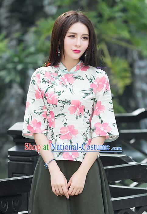 Traditional Chinese National Costume, Elegant Hanfu Linen Slant Opening Pink T-Shirt, China Tang Suit Republic of China Plated Buttons Blouse Cheongsam Upper Outer Garment Qipao Shirts Clothing for Women