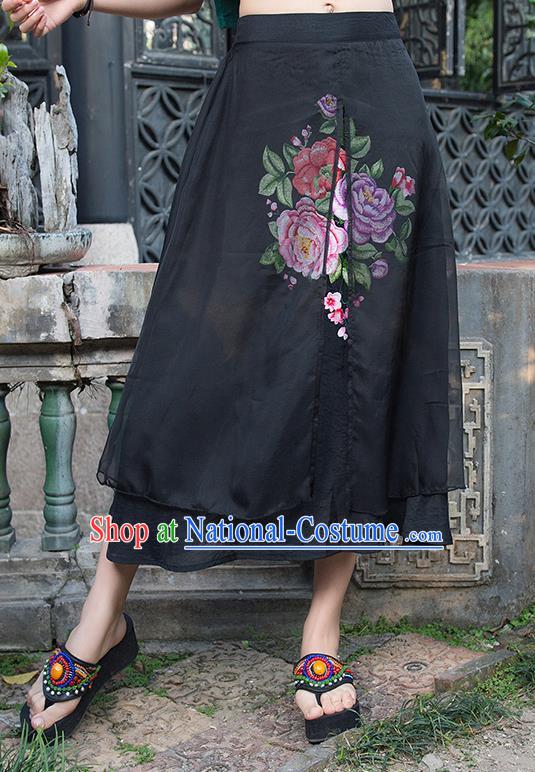 Traditional Ancient Chinese National Pleated Skirt Costume, Elegant Hanfu Embroidery Peony Flowers Double-deck Long Black Skirt, China Tang Suit Bust Skirt for Women