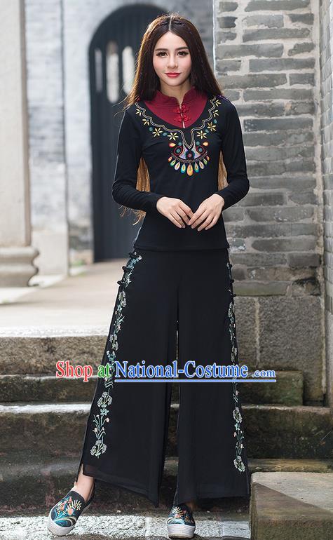 Traditional Chinese National Costume Loose Pants, Elegant Hanfu Embroidered Wide-leg Black Chiffon Trousers, China Ethnic Minorities Folk Dance Baggy Pants for Women