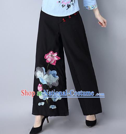 Traditional Chinese National Costume Loose Pants, Elegant Hanfu Embroidered Lotus Wide-leg Black Trousers, China Ethnic Minorities Folk Dance Baggy Pants for Women