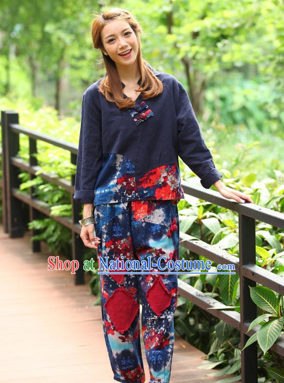 Traditional Chinese National Costume, Elegant Hanfu Joint Color Flowers Linen Blue T-Shirt, China Tang Suit Plated Buttons Blouse Cheongsam Upper Outer Garment Qipao Shirts Clothing for Women