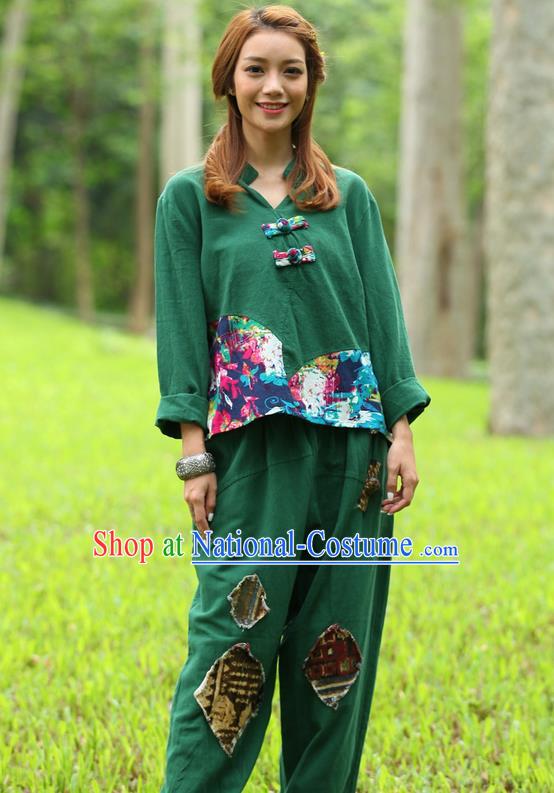 Traditional Chinese National Costume, Elegant Hanfu Joint Color Flowers Linen Green T-Shirt, China Tang Suit Plated Buttons Blouse Cheongsam Upper Outer Garment Qipao Shirts Clothing for Women