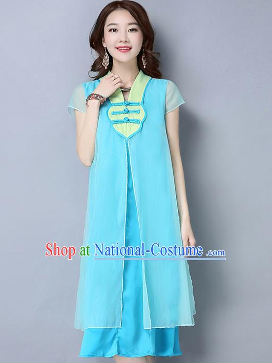 Traditional Ancient Chinese National Costume, Elegant Hanfu Chiffon Plated Buttons Blue Dress, China Tang Suit Chirpaur Cheongsam Elegant Dress Clothing for Women