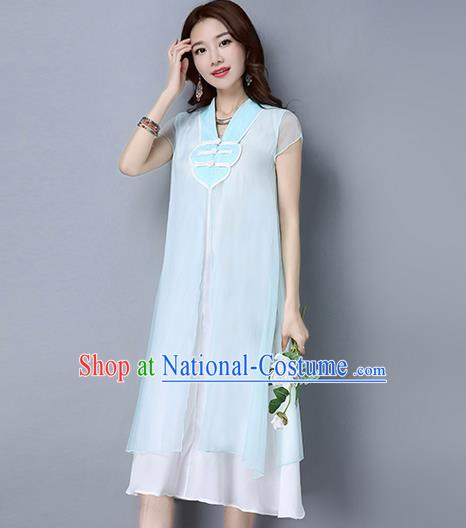 Traditional Ancient Chinese National Costume, Elegant Hanfu Chiffon Plated Buttons White Dress, China Tang Suit Chirpaur Cheongsam Elegant Dress Clothing for Women