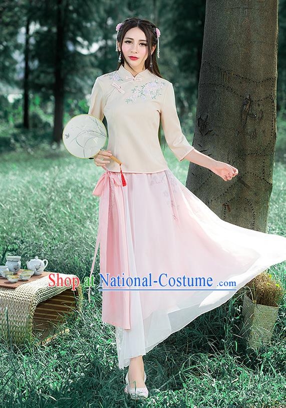 Traditional Chinese National Costume, Elegant Hanfu Embroidery Slant Opening Apricot Stand Collar T-Shirt, China Tang Suit Republic of China Plated Buttons Blouse Cheongsam Upper Outer Garment Qipao Shirts Clothing for Women