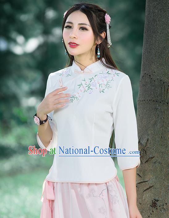 Traditional Chinese National Costume, Elegant Hanfu Embroidery Slant Opening White Stand Collar T-Shirt, China Tang Suit Republic of China Plated Buttons Blouse Cheongsam Upper Outer Garment Qipao Shirts Clothing for Women