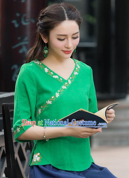 Traditional Chinese National Costume, Elegant Hanfu Embroidery Green Shirt, China Tang Suit Republic of China Blouse Cheongsam Upper Outer Garment Qipao Shirts Clothing for Women