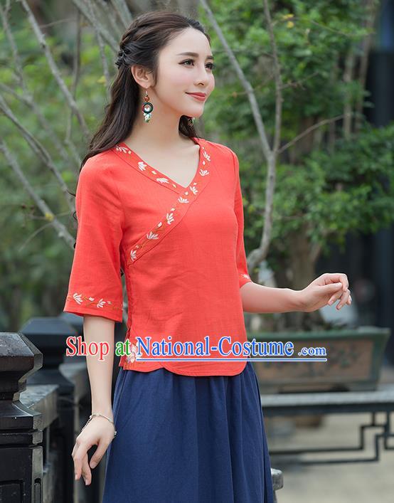 Traditional Chinese National Costume, Elegant Hanfu Embroidery Orange Shirt, China Tang Suit Republic of China Blouse Cheongsam Upper Outer Garment Qipao Shirts Clothing for Women