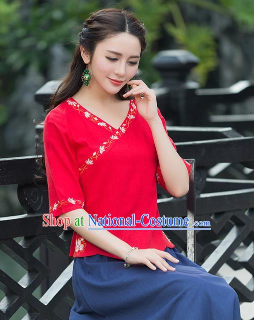 Traditional Chinese National Costume, Elegant Hanfu Embroidery Red Shirt, China Tang Suit Republic of China Blouse Cheongsam Upper Outer Garment Qipao Shirts Clothing for Women