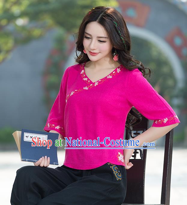 Traditional Chinese National Costume, Elegant Hanfu Embroidery Rose Shirt, China Tang Suit Republic of China Blouse Cheongsam Upper Outer Garment Qipao Shirts Clothing for Women