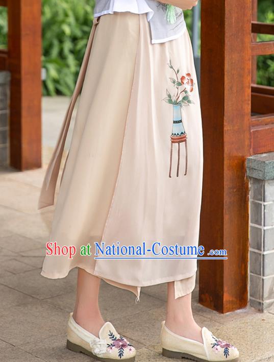 Traditional Ancient Chinese National Pleated Skirt Costume, Elegant Hanfu Hand Painting Flowers Long Apricot Skirt, China Tang Suit Bust Skirt for Women