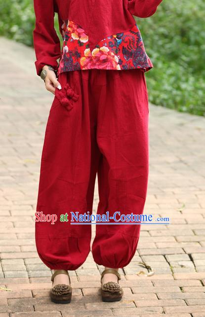 Traditional Chinese National Costume Plus Fours, Elegant Hanfu Red Bloomers, China Ethnic Minorities Folk Dance Tang Suit Pantalettes for Women