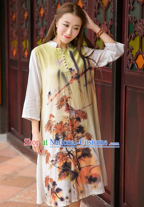 Traditional Ancient Chinese National Costume, Elegant Hanfu Mandarin Qipao Linen Printing Dress, China Tang Suit Chirpaur Republic of China Cheongsam Upper Outer Garment Elegant Dress Clothing for Women