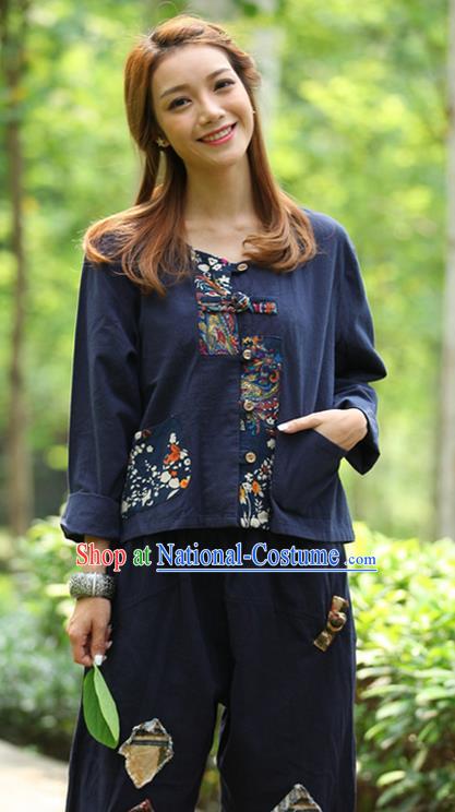 Traditional Chinese National Costume, Elegant Hanfu Patch Contrast Color Navy T-Shirt, China Tang Suit Republic of China Plated Buttons Blouse Cheongsam Upper Outer Garment Qipao Shirts Clothing for Women