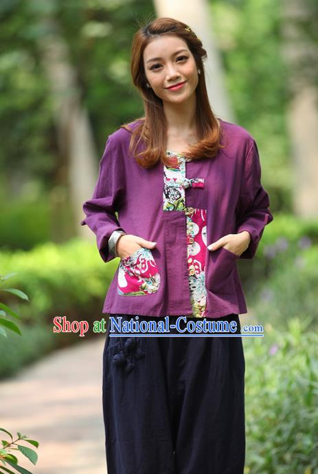 Traditional Chinese National Costume, Elegant Hanfu Patch Contrast Color Purple T-Shirt, China Tang Suit Republic of China Plated Buttons Blouse Cheongsam Upper Outer Garment Qipao Shirts Clothing for Women