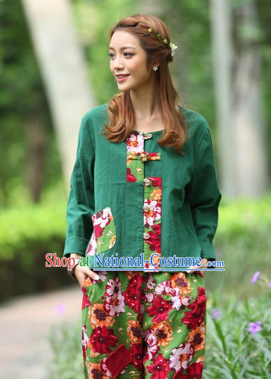 Traditional Chinese National Costume, Elegant Hanfu Patch Contrast Color Green T-Shirt, China Tang Suit Republic of China Plated Buttons Blouse Cheongsam Upper Outer Garment Qipao Shirts Clothing for Women