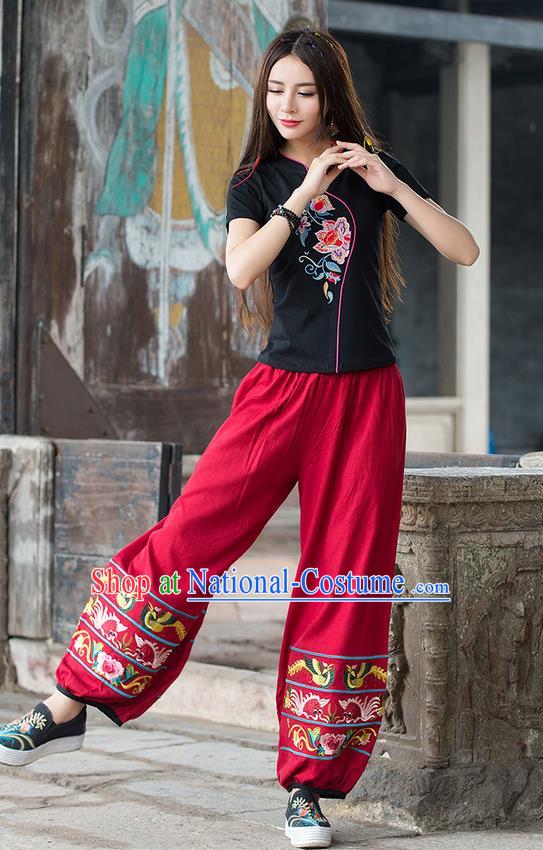 Traditional Chinese National Costume, Elegant Hanfu Embroidery Black T-Shirt, China Tang Suit Republic of China Plated Buttons Blouse Cheongsam Upper Outer Garment Qipao Shirts Clothing for Women