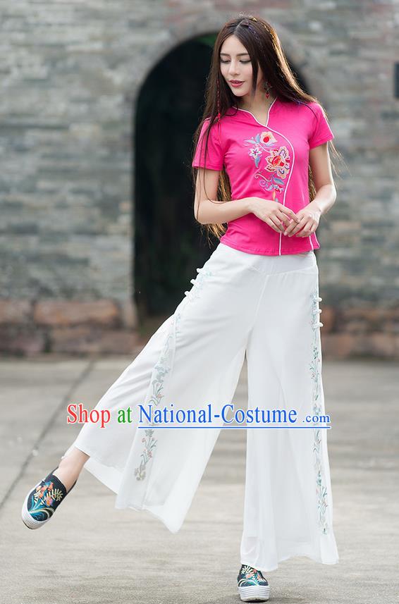 Traditional Chinese National Costume, Elegant Hanfu Embroidery Pink T-Shirt, China Tang Suit Republic of China Plated Buttons Blouse Cheongsam Upper Outer Garment Qipao Shirts Clothing for Women