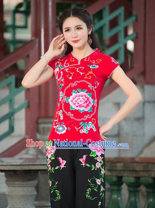 Traditional Chinese National Costume, Elegant Hanfu Embroidery Stand Collar Red Shirt, China Tang Suit Republic of China Blouse Cheongsam Upper Outer Garment Qipao Shirts Clothing for Women