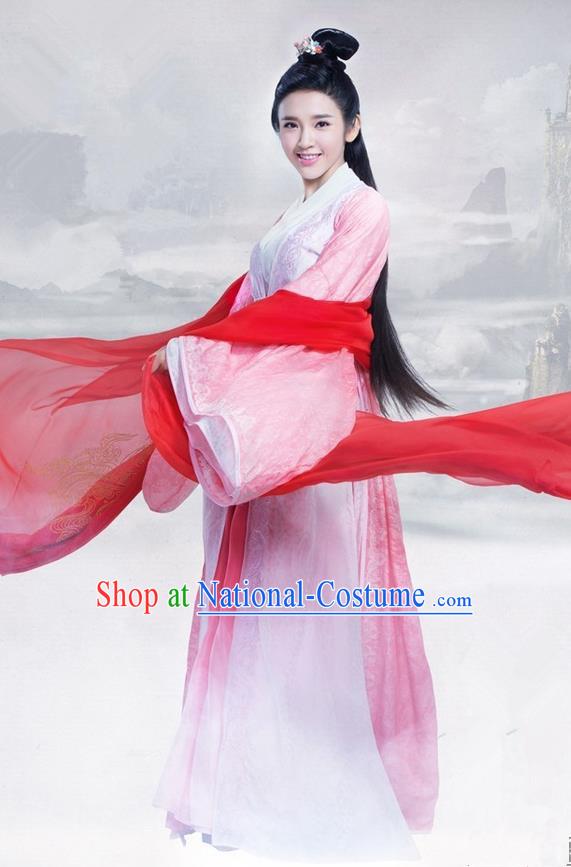 Traditional Ancient Chinese Elegant Swordsman Costume, Chinese Ancient Young Lady Dress, Cosplay Chinese Television Drama Jade Dynasty Qing Yun Faction Princess Peri Hanfu Trailing Embroidery Clothing for Women