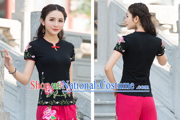 Traditional Chinese National Costume, Elegant Hanfu Embroidery Flowers Black T-Shirt, China Tang Suit Republic of China Plated Buttons Blouse Cheongsam Upper Outer Garment Qipao Shirts Clothing for Women