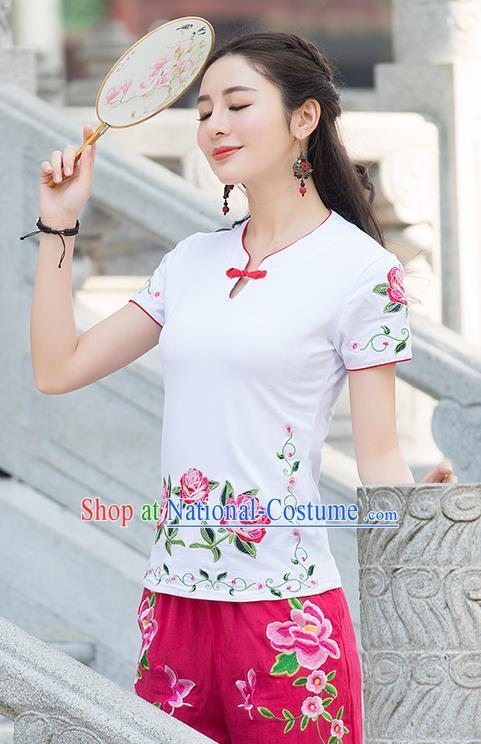 Traditional Chinese National Costume, Elegant Hanfu Embroidery Flowers White T-Shirt, China Tang Suit Republic of China Plated Buttons Blouse Cheongsam Upper Outer Garment Qipao Shirts Clothing for Women