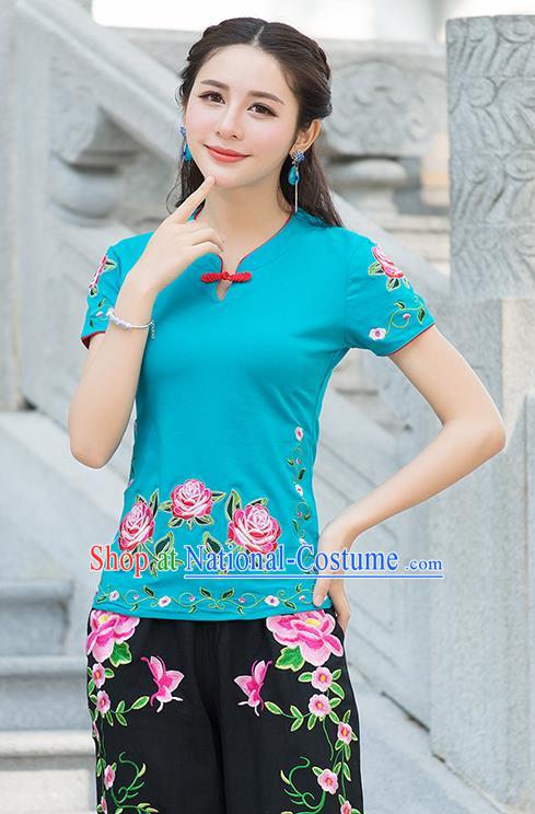 Traditional Chinese National Costume, Elegant Hanfu Embroidery Flowers Blue T-Shirt, China Tang Suit Republic of China Plated Buttons Blouse Cheongsam Upper Outer Garment Qipao Shirts Clothing for Women