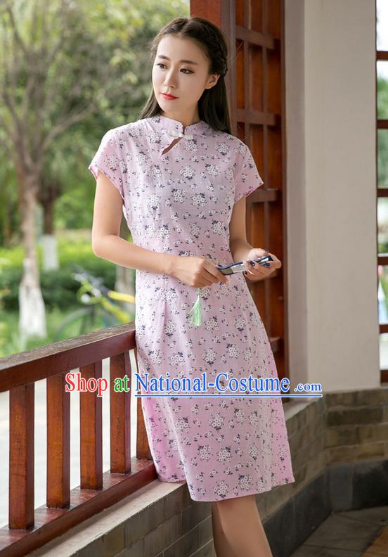 Traditional Ancient Chinese National Costume, Elegant Hanfu Mandarin Qipao Stand Collar Pink Dress, China Tang Suit Chirpaur Republic of China Plated Buttons Cheong-sam Elegant Dress Clothing for Women