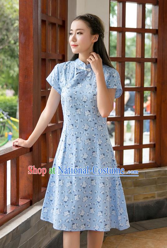 Traditional Ancient Chinese National Costume, Elegant Hanfu Mandarin Qipao Stand Collar Blue Dress, China Tang Suit Chirpaur Republic of China Plated Buttons Cheong-sam Elegant Dress Clothing for Women