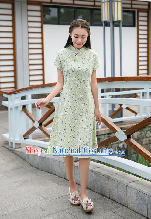 Traditional Ancient Chinese National Costume, Elegant Hanfu Mandarin Qipao Stand Collar Green Dress, China Tang Suit Chirpaur Republic of China Plated Buttons Cheong-sam Elegant Dress Clothing for Women