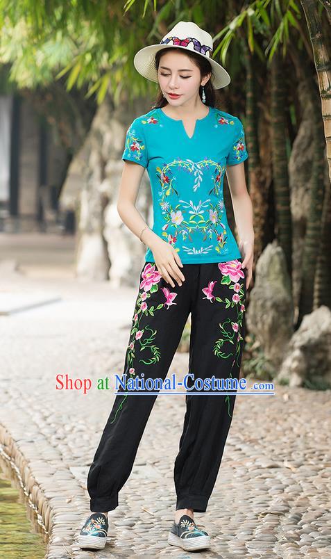 Traditional Chinese National Costume, Elegant Hanfu Embroidery Phoenix Blue T-Shirt, China Tang Suit Republic of China Plated Chirpaur Buttons Blouse Cheong-sam Upper Outer Garment Qipao Shirts Clothing for Women