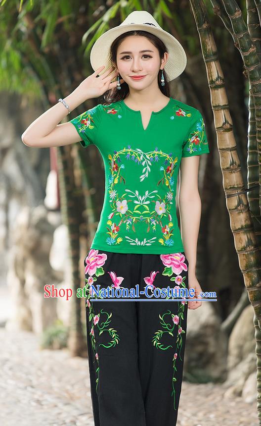 Traditional Chinese National Costume, Elegant Hanfu Embroidery Flowers Green T-Shirt, China Tang Suit Republic of China Chirpaur Buttons Blouse Cheong-sam Upper Outer Garment Qipao Shirts Clothing for Women