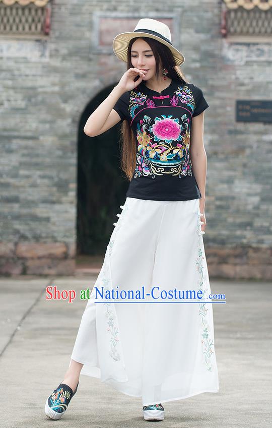 Traditional Chinese National Costume, Elegant Hanfu Embroidery Peony Flowers Black T-Shirt, China Tang Suit Republic of China Chirpaur Plated Buttons Blouse Cheong-sam Upper Outer Garment Qipao Shirts Clothing for Women