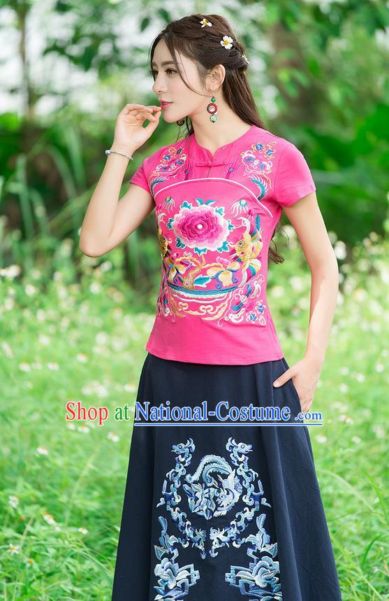 Traditional Chinese National Costume, Elegant Hanfu Embroidery Peony Flowers Pink T-Shirt, China Tang Suit Republic of China Chirpaur Plated Buttons Blouse Cheong-sam Upper Outer Garment Qipao Shirts Clothing for Women