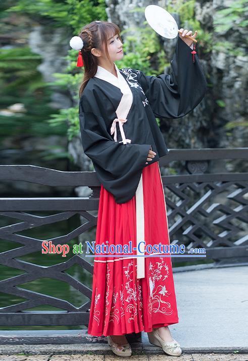 Traditional Ancient Chinese Costume, Elegant Hanfu Clothing Embroidered Young Lady Slant Opening Blouse and Dress, China Ming Dynasty Princess Elegant Blouse and Skirt Complete Set for Women