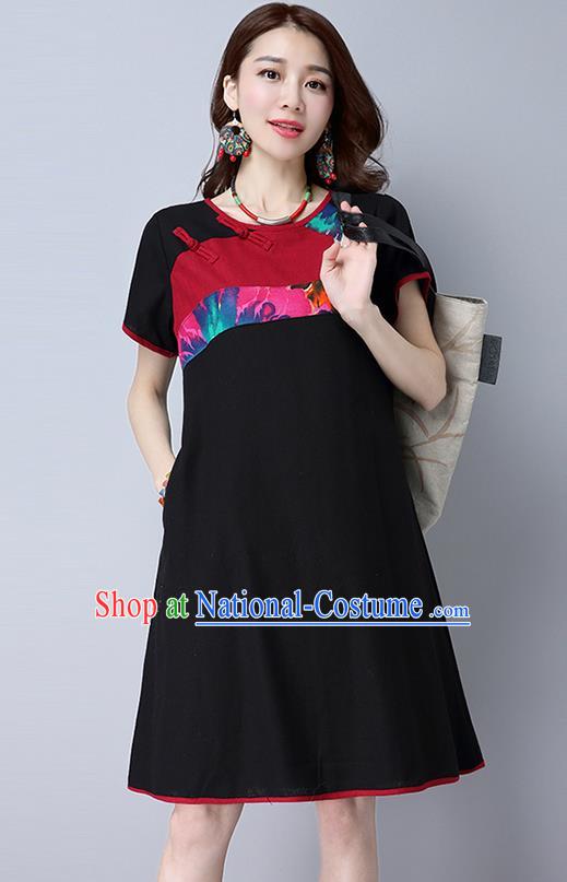 Traditional Ancient Chinese National Costume, Elegant Hanfu Mandarin Qipao Linen Black Gored Dress, China Tang Suit Chirpaur Republic of China Plated Buttons Cheongsam Elegant Dress Clothing for Women