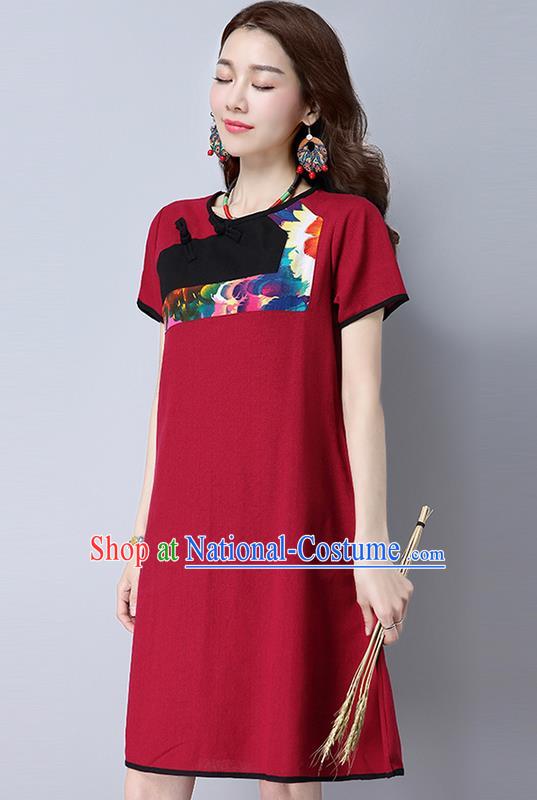 Traditional Ancient Chinese National Costume, Elegant Hanfu Mandarin Qipao Linen Red Gored Dress, China Tang Suit Chirpaur Republic of China Plated Buttons Cheongsam Elegant Dress Clothing for Women