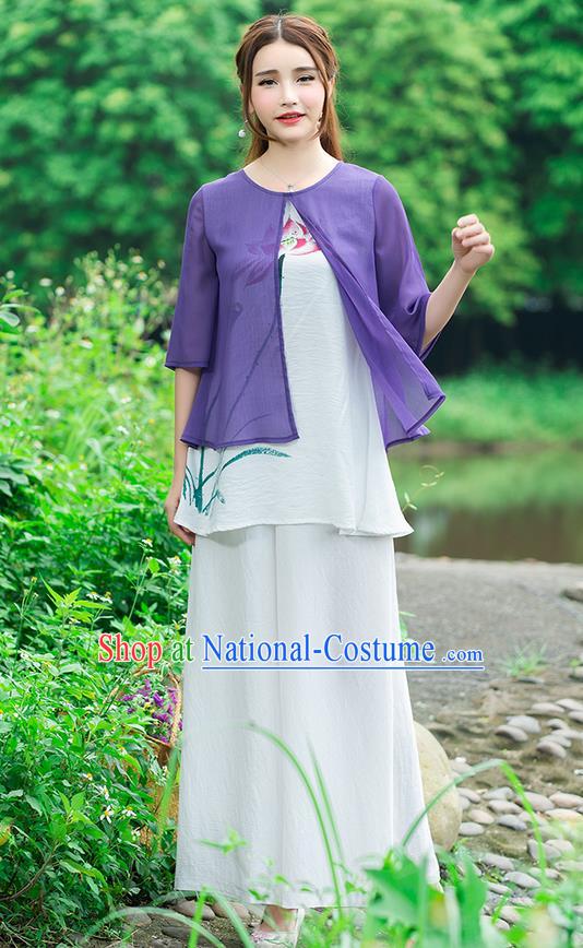 Traditional Chinese National Costume, Elegant Hanfu Hand Painting Lotus Flowers Purple Blouse, China Tang Suit Chirpaur Blouse Cheong-sam Upper Outer Garment Qipao Shirts Clothing for Women