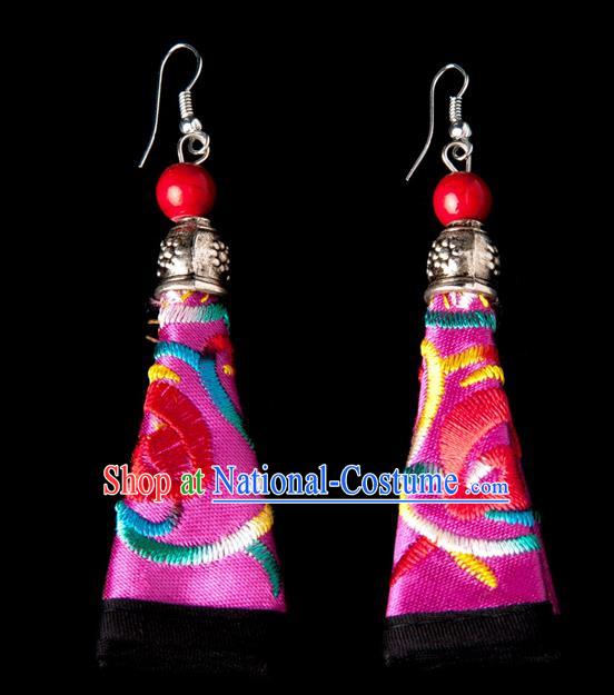 Traditional Chinese Miao Nationality Crafts, Hmong Handmade Miao Silver Embroidery Red Earrings Pendant, China Ethnic Minority Eardrop Accessories Earbob Pendant for Women