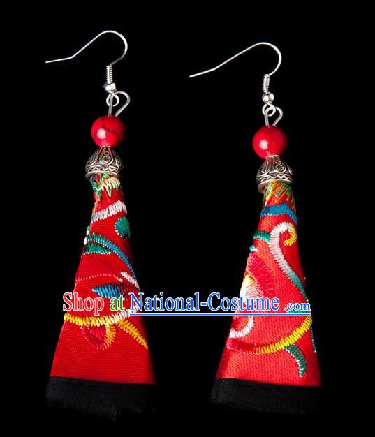 Traditional Chinese Miao Nationality Crafts, Hmong Handmade Miao Silver Embroidery Pink Earrings Pendant, China Ethnic Minority Eardrop Accessories Earbob Pendant for Women