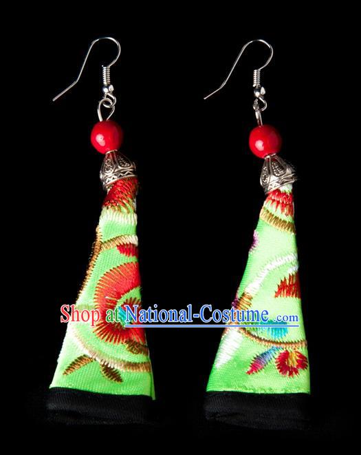 Traditional Chinese Miao Nationality Crafts, Hmong Handmade Miao Silver Embroidery Green Earrings Pendant, China Ethnic Minority Eardrop Accessories Earbob Pendant for Women