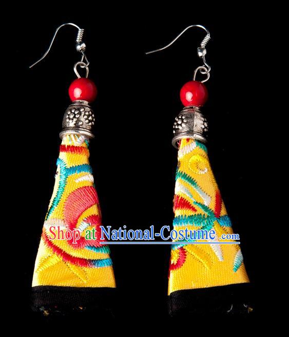 Traditional Chinese Miao Nationality Crafts, Hmong Handmade Miao Silver Embroidery Yellow Earrings Pendant, China Ethnic Minority Eardrop Accessories Earbob Pendant for Women