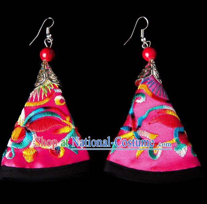 Traditional Chinese Miao Nationality Crafts, Yunnan Hmong Handmade Embroidery Flower Pink Earrings Pendant, China Ethnic Minority Eardrop Accessories Earbob Pendant for Women