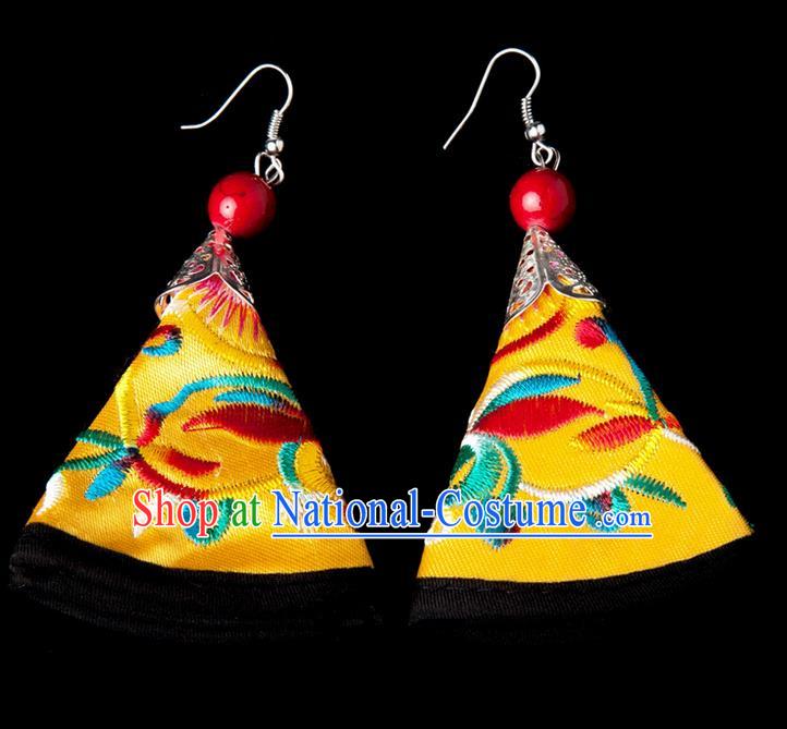 Traditional Chinese Miao Nationality Crafts, Yunnan Hmong Handmade Embroidery Flower Yellow Earrings Pendant, China Ethnic Minority Eardrop Accessories Earbob Pendant for Women