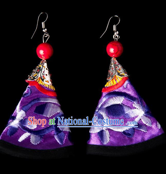 Traditional Chinese Miao Nationality Crafts, Yunnan Hmong Handmade Embroidery Flower Purple Earrings Pendant, China Ethnic Minority Eardrop Accessories Earbob Pendant for Women