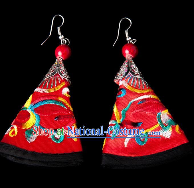 Traditional Chinese Miao Nationality Crafts, Yunnan Hmong Handmade Embroidery Flower Red Earrings Pendant, China Ethnic Minority Eardrop Accessories Earbob Pendant for Women