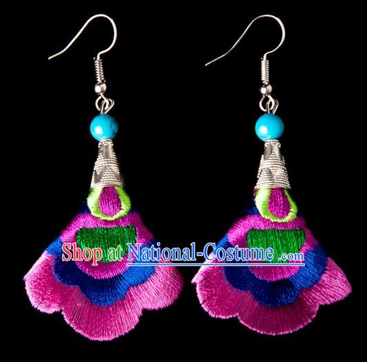 Traditional Chinese Miao Nationality Crafts, Yunnan Hmong Handmade Embroidery Flower Linen Pink Earrings Pendant, China Ethnic Minority Eardrop Accessories Earbob Pendant for Women